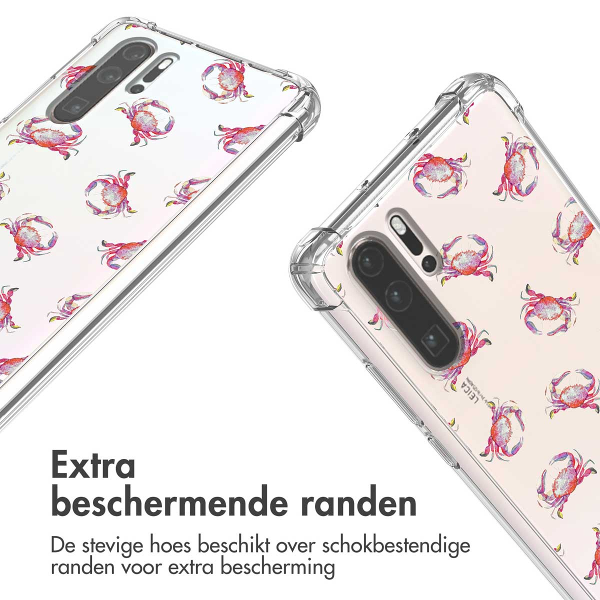 Twee transparante telefoonhoesjes met krabpatronen. De hoesjes liggen op een witte ondergrond.
