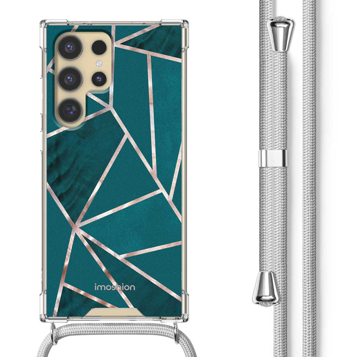 Turquoise telefoonhoesje met een geometrisch goud patroon en een zilveren telefoonriem.