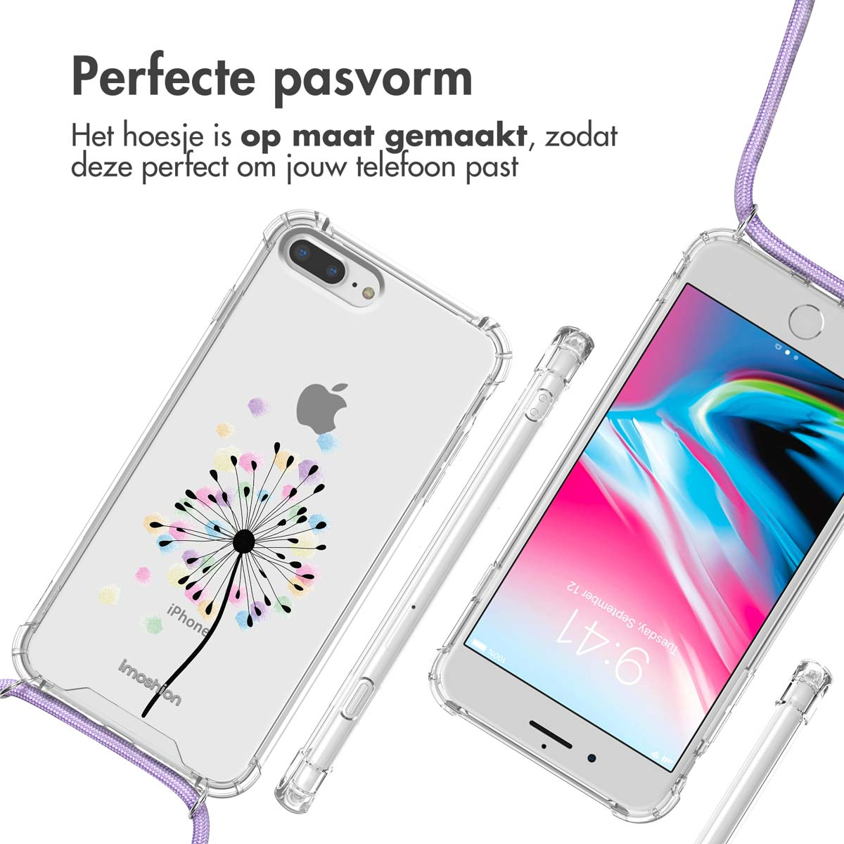 Coques transparentes avec téléphone blanc, une avec motif pissenlit. Texte : Ajustement parfait.