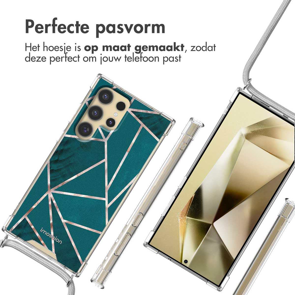 Telefoonhoesje met een teal geometrisch ontwerp en een telefoon met een transparante hoes en grijs koord.