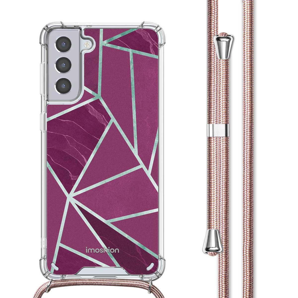 Een telefoonhoesje met een paars marmerpatroon wordt getoond met een bijpassend roze koord eraan.