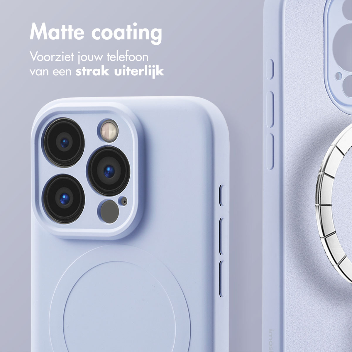 Close-up van een lichtpaarse telefoonhoes. Heeft een matte coating en een zilveren ring.