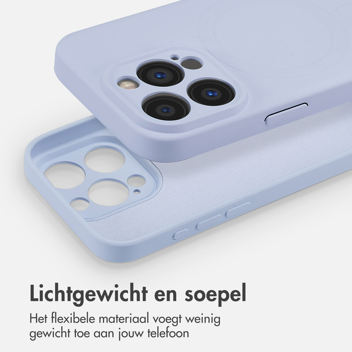 Lichtpaarse telefoonhoes met telefoon erin. De binnenkant van de hoes is ook lichtpaars.