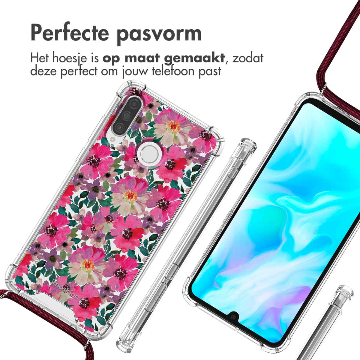 Twee telefoons in transparante hoesjes met roze bloemmotieven. Eén zit in de hoes, de ander ernaast.