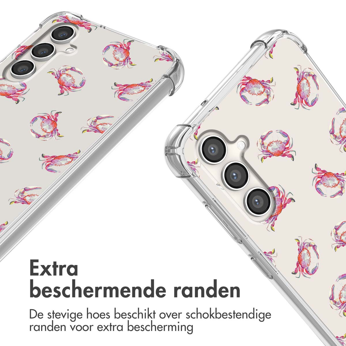 Transparante telefoonhoesjes met krabbenpatroon. Tekst zegt extra beschermende randen.