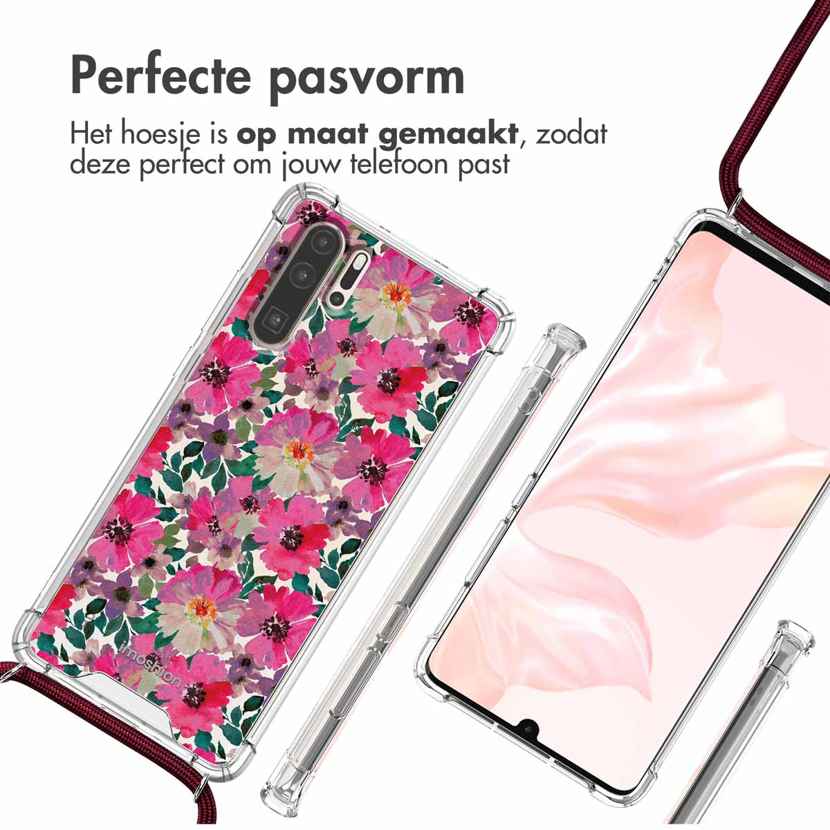 Bloemen telefoonhoesje met telefoon rechts. Tekst: Perfecte pasvorm.
