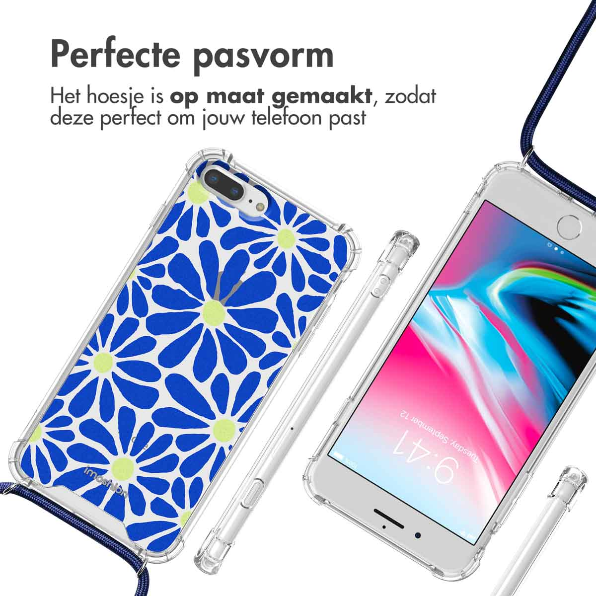 Deux téléphones dans des étuis transparents avec des motifs de marguerites. Un téléphone a une lanière.