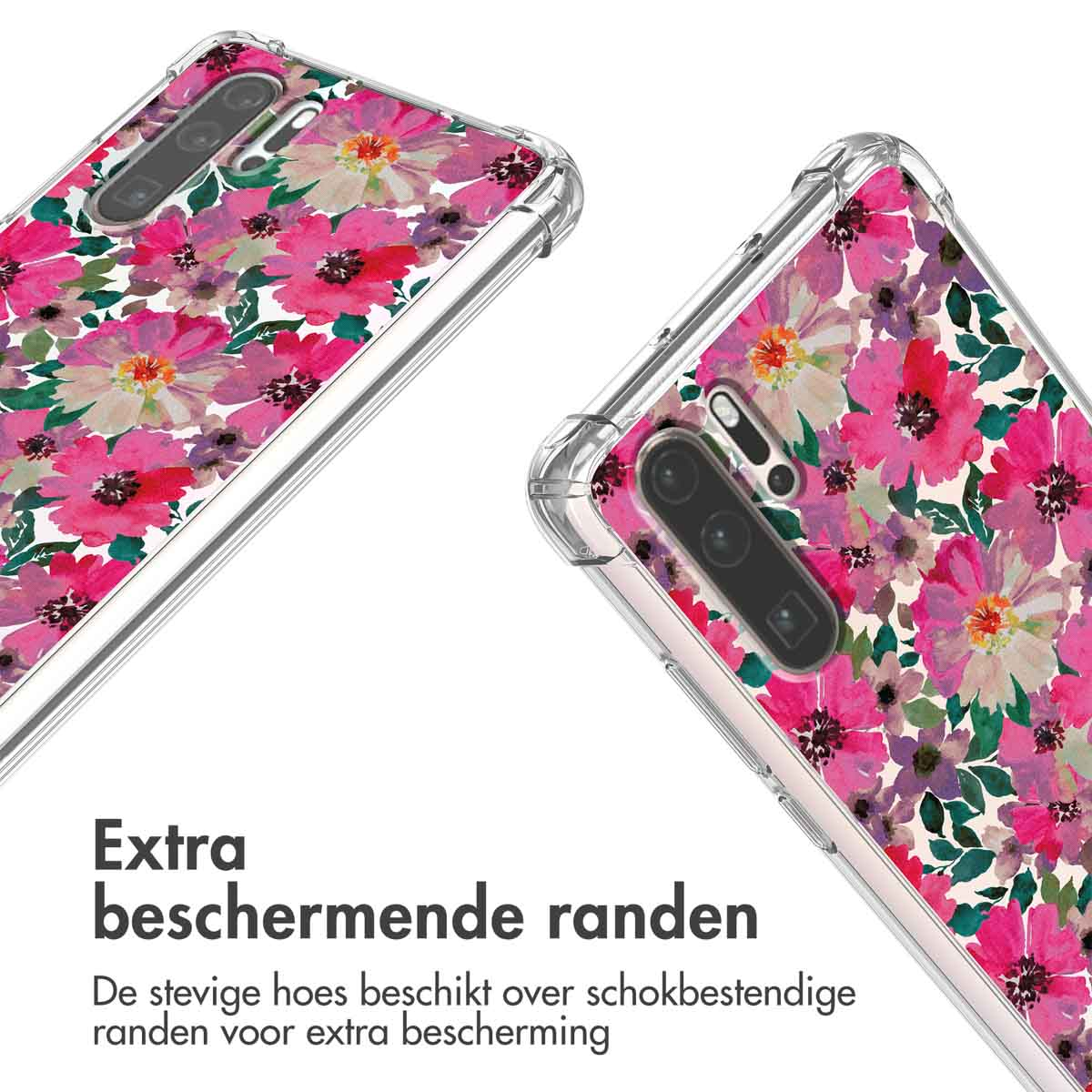 Transparante telefoonhoesjes met roze bloemenpatroon. Tekst zegt extra beschermende randen.