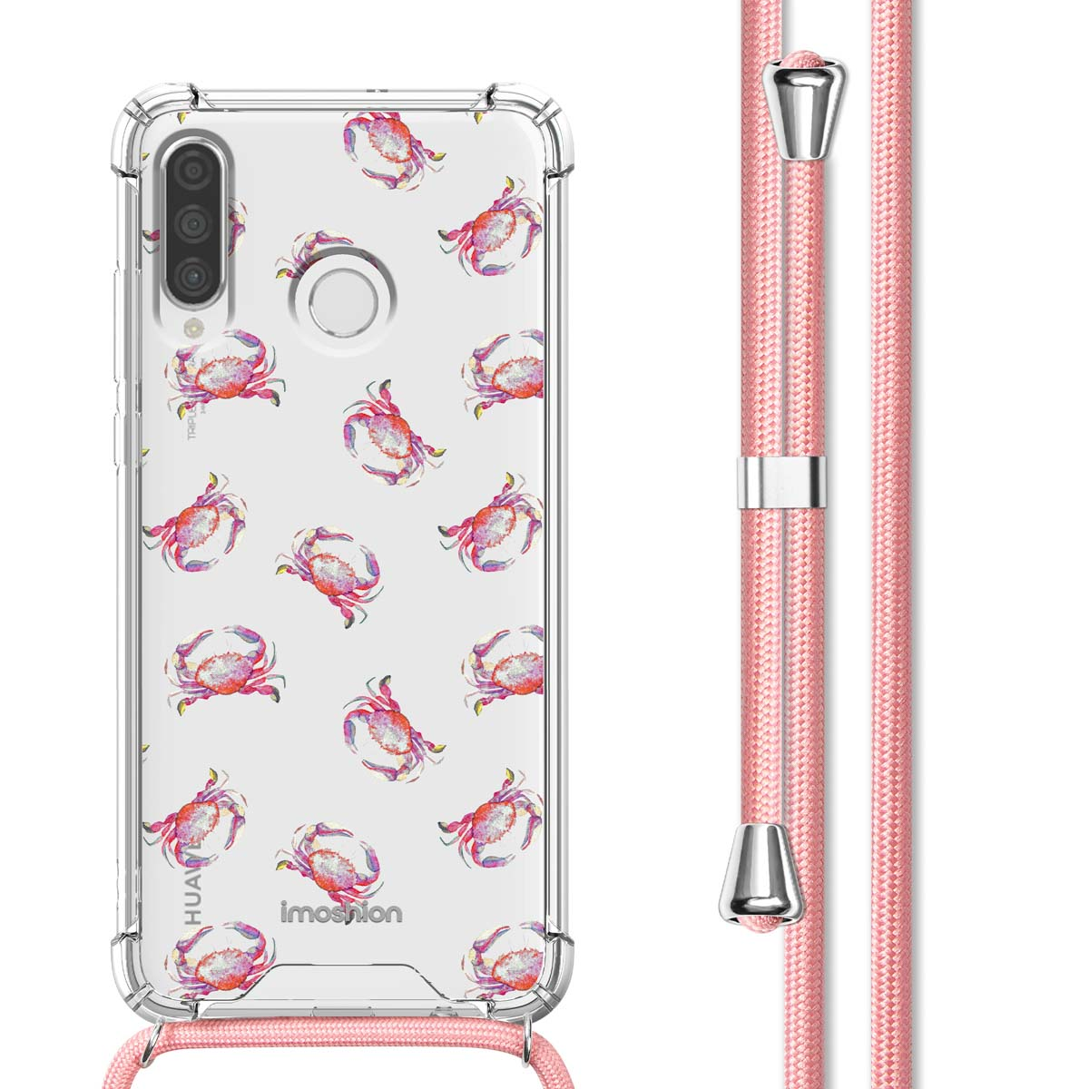 Een doorzichtig telefoonhoesje met krabben erop en een roze koord. De telefoon is zichtbaar.