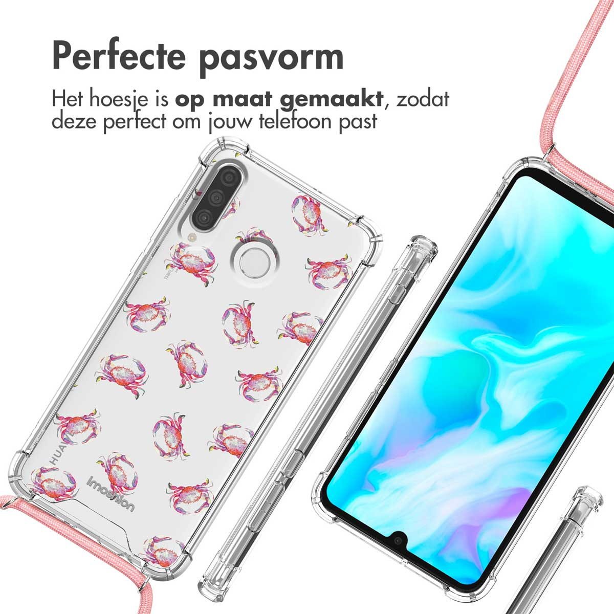 Transparante telefoonhoes met een krabbenontwerp. Er is ook een telefoon en een roze koord.