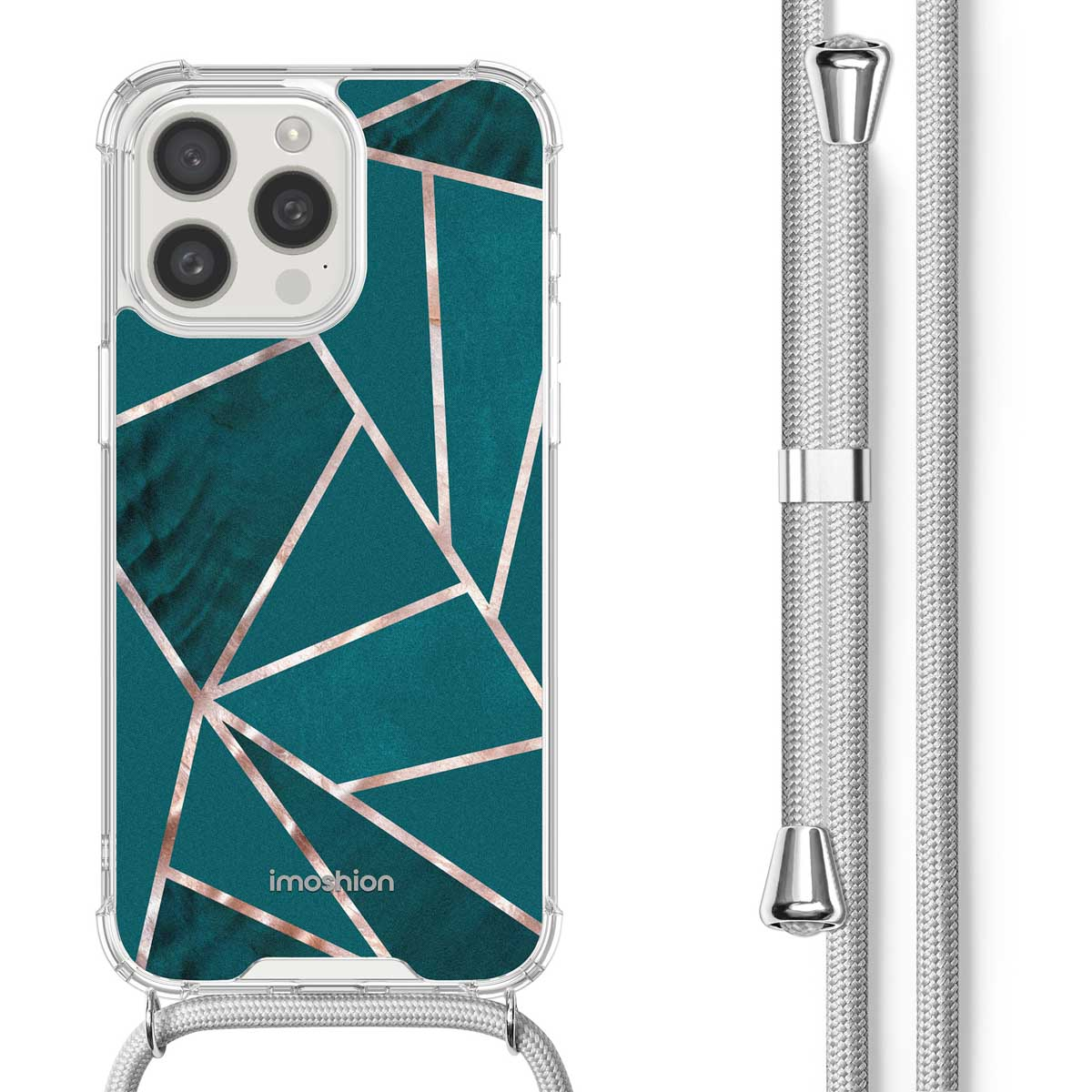 Coque turquoise et or avec sangle blanche. Texte: Ajustement parfait.
