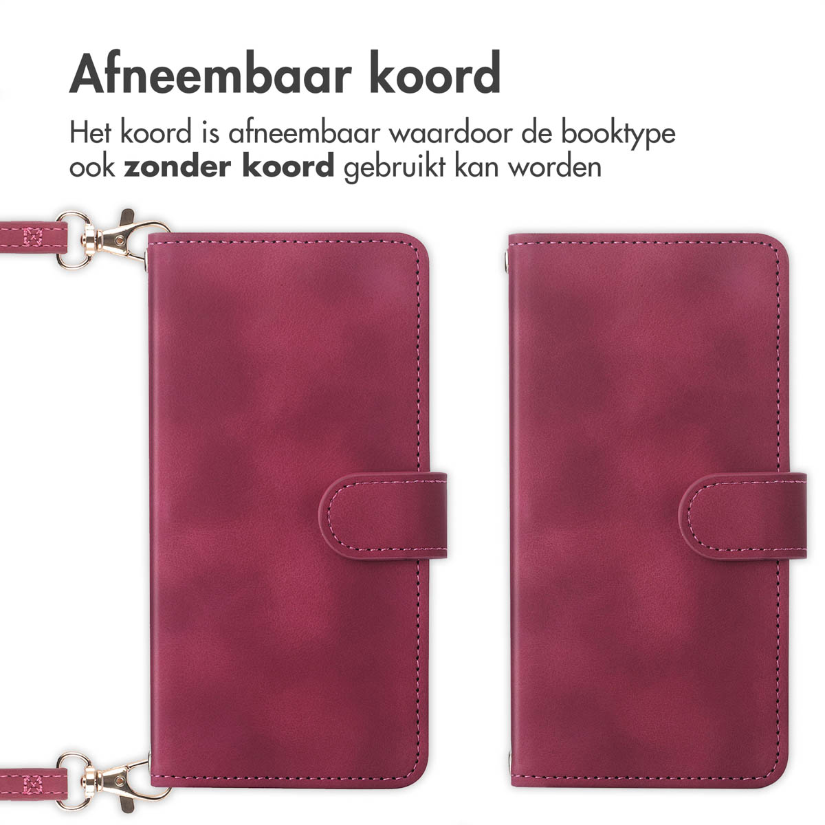 Twee bordeauxrode telefoonhoesjes met een afneembaar koord. Eén hoesje is open, de andere gesloten.