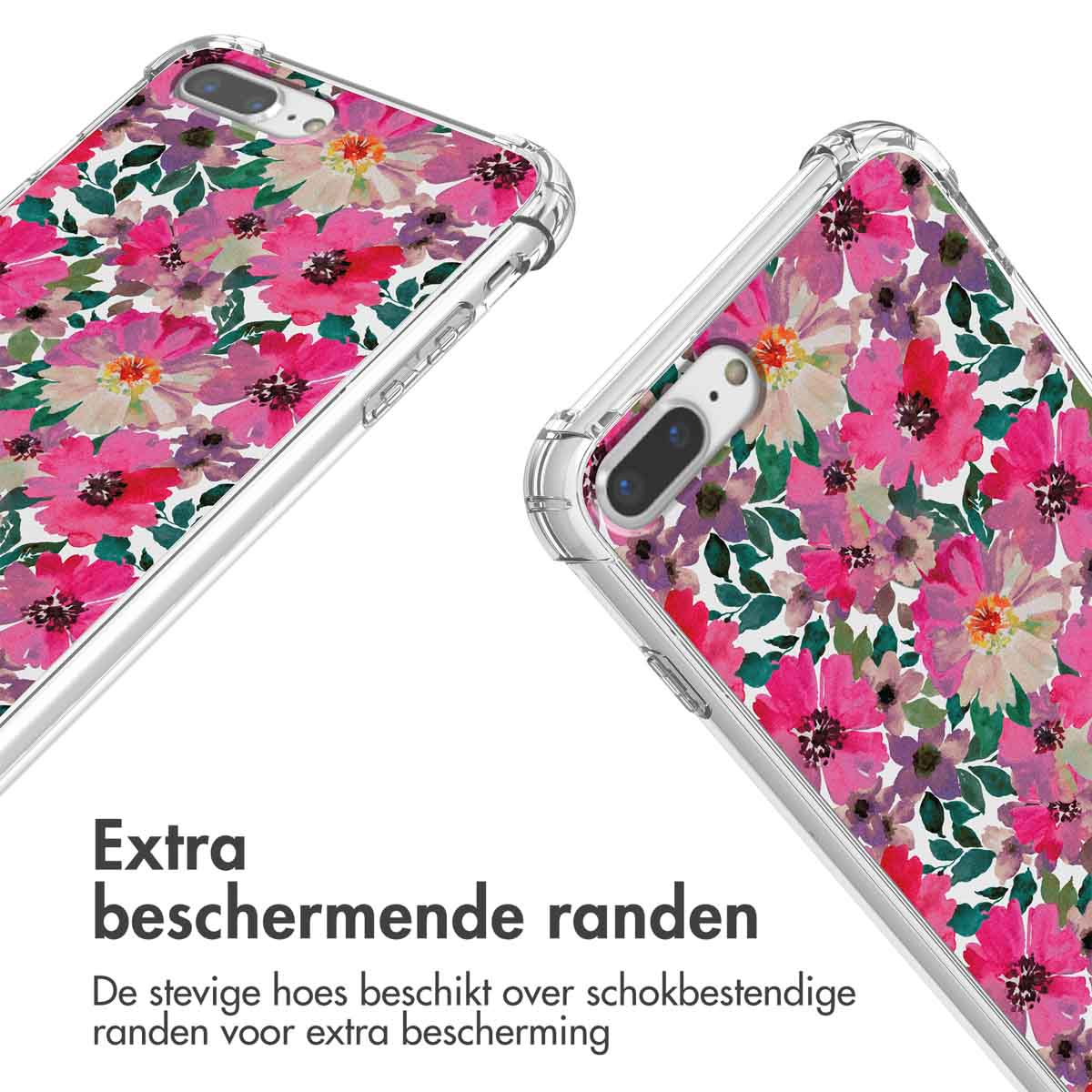Deux téléphones dans des coques transparentes avec des motifs de fleurs roses, orientés pour montrer les détails. Les coques sont transparentes.