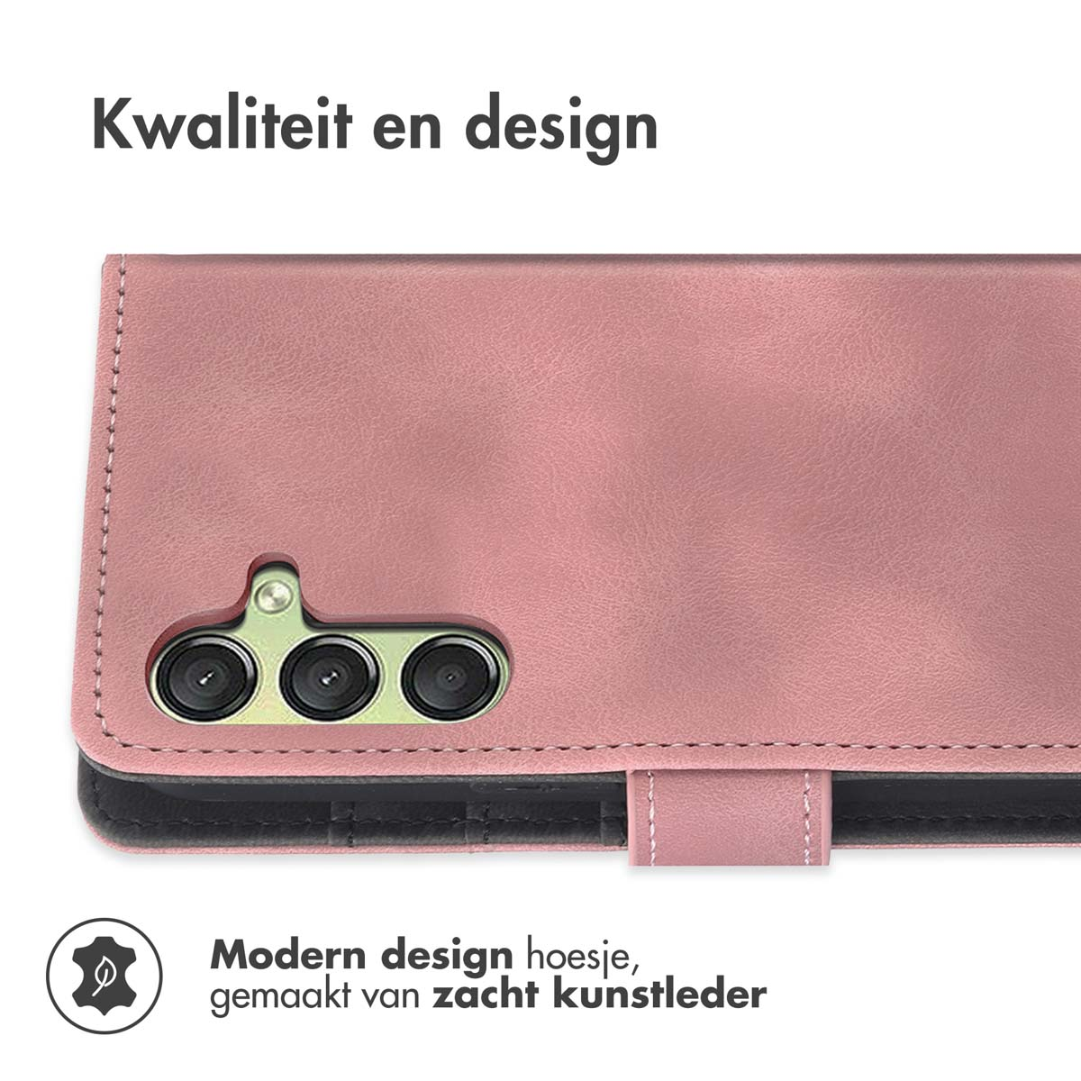 Roze telefoonhoes. Tekst: Kwaliteit en design. Modern design hoesje van zacht imitatieleer.