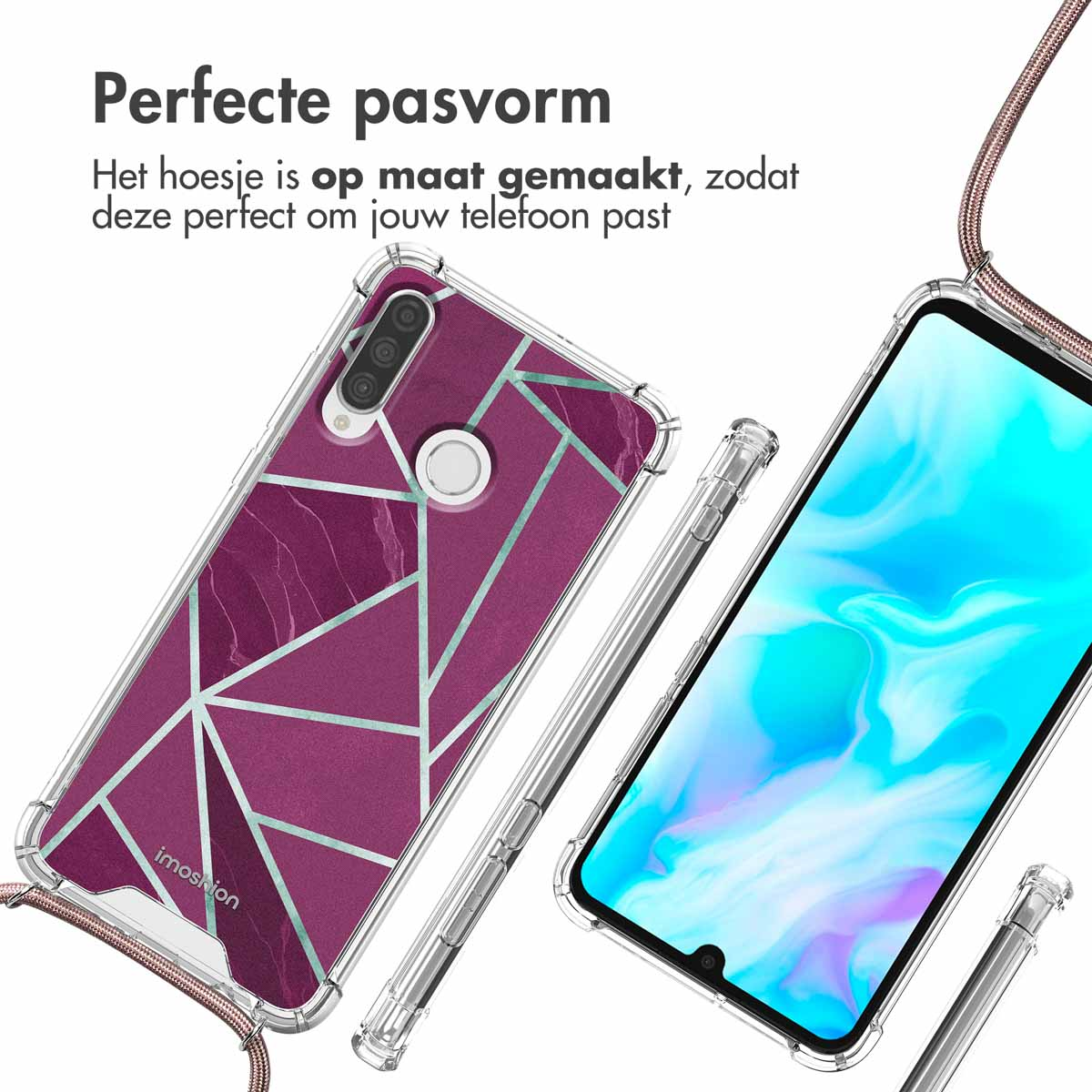 Twee telefoons in transparante hoesjes met een geometrisch patroon. De hoes links heeft een bandje. Nederlandse tekst.