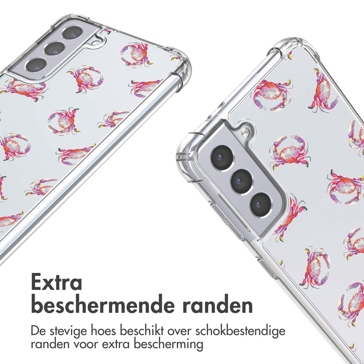 Deux coques de téléphone avec un motif de crabes. Le texte dit bords de protection supplémentaires.