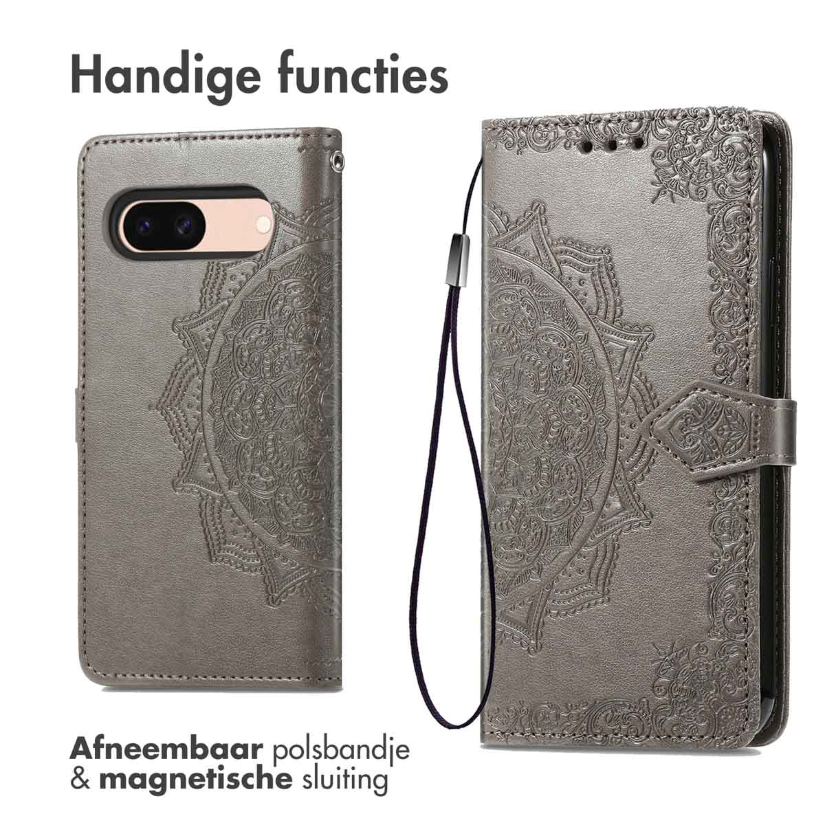 Grijze portemonnee telefoonhoes open met een telefoon en een handriem. De hoes heeft een mandala ontwerp.