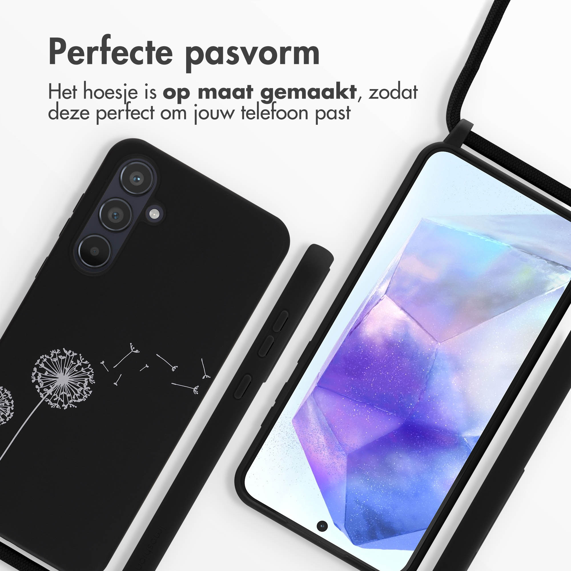 Coque de téléphone noire avec motif de pissenlit blanc. Écran visible. Sangle noire.
