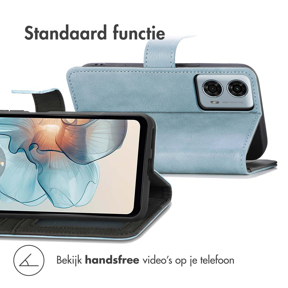 Blauw telefoonhoesje, geopend, toont de telefoon. De case is een folio-stijl.