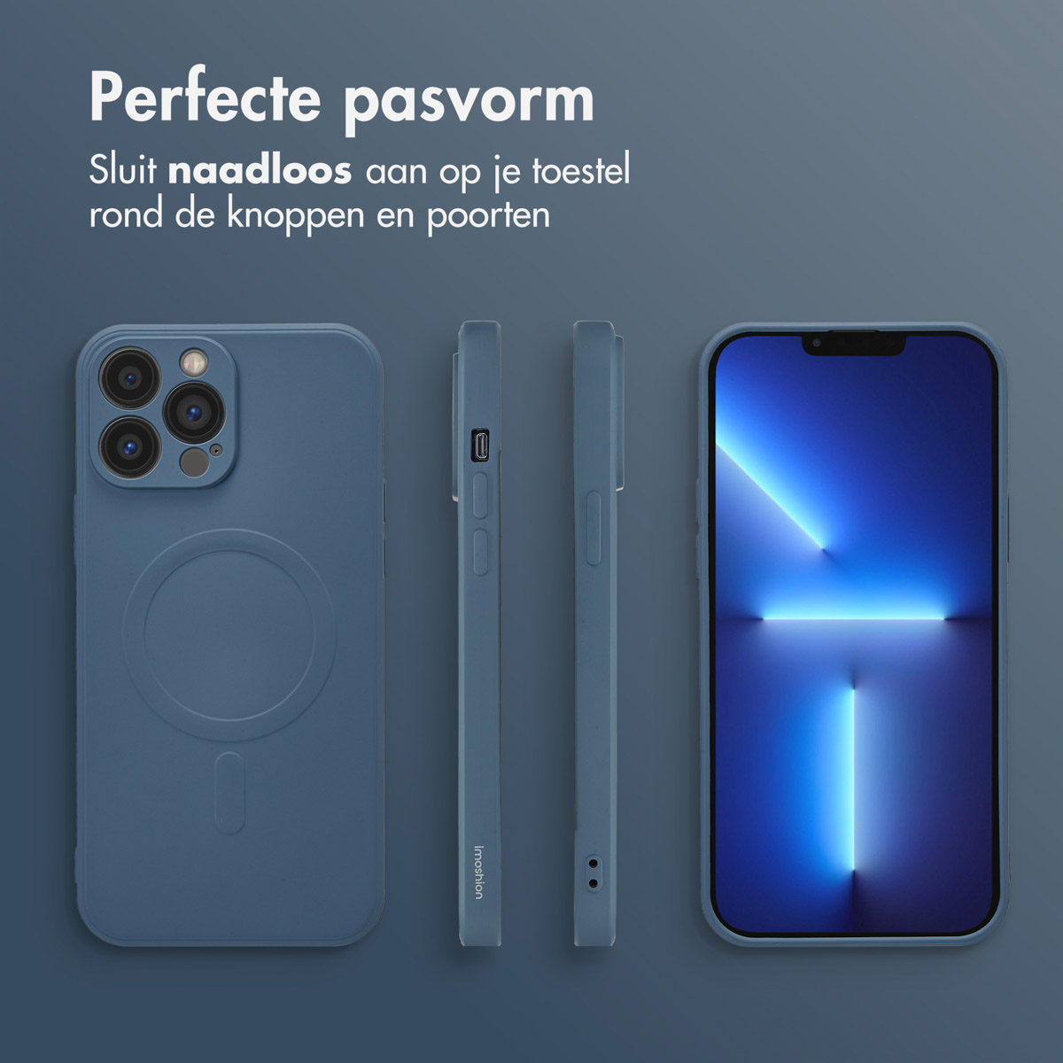 Un téléphone et trois coques, deux vues latérales et une vue arrière. Toutes les coques sont bleues. Texte en néerlandais.