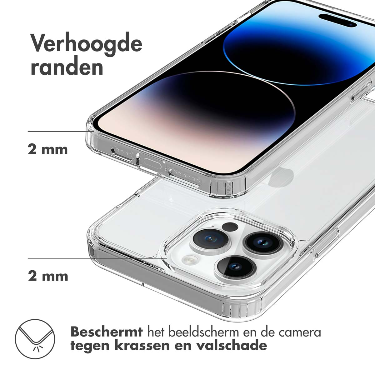 Transparante telefoonhoes over een telefoon, met verhoogde randen. Tekst toont 2mm verhoogde randen.