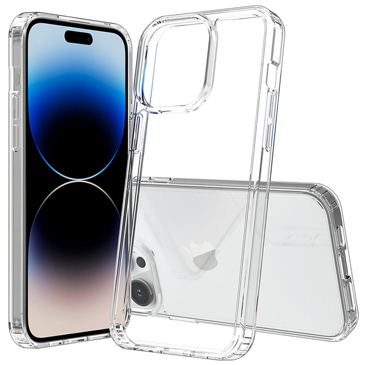 Transparant telefoonhoesje op een telefoon. De telefoon is zwart met een grote camera.