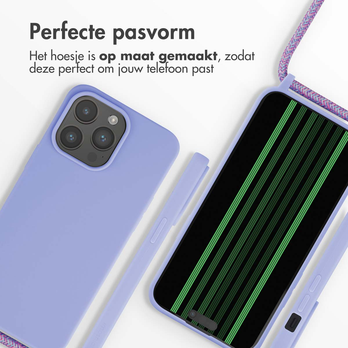 Lila Handyhülle mit einem Telefon mit grün gestreiftem Bildschirm und einem lila Telefonband. Weißer Hintergrund.