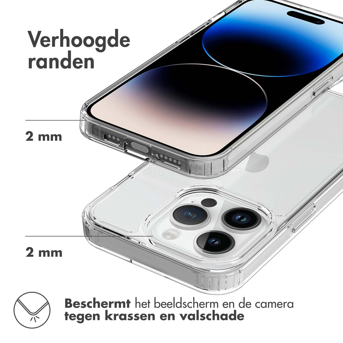 Coque de téléphone transparente avec un téléphone. La coque a des bords surélevés et est transparente.