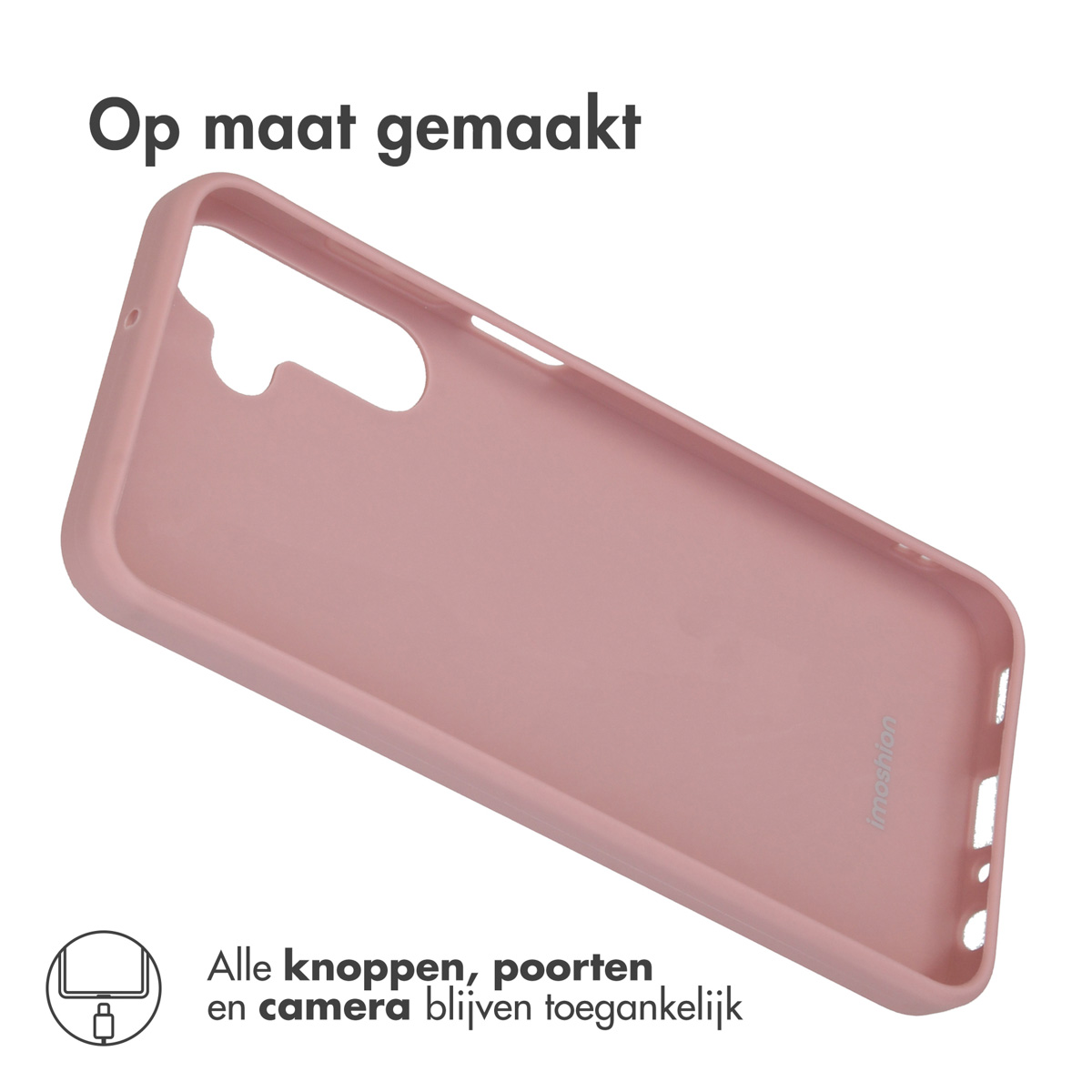 Roze telefoonhoesje. Alle knoppen, poorten en camera blijven toegankelijk. Schuine weergave.