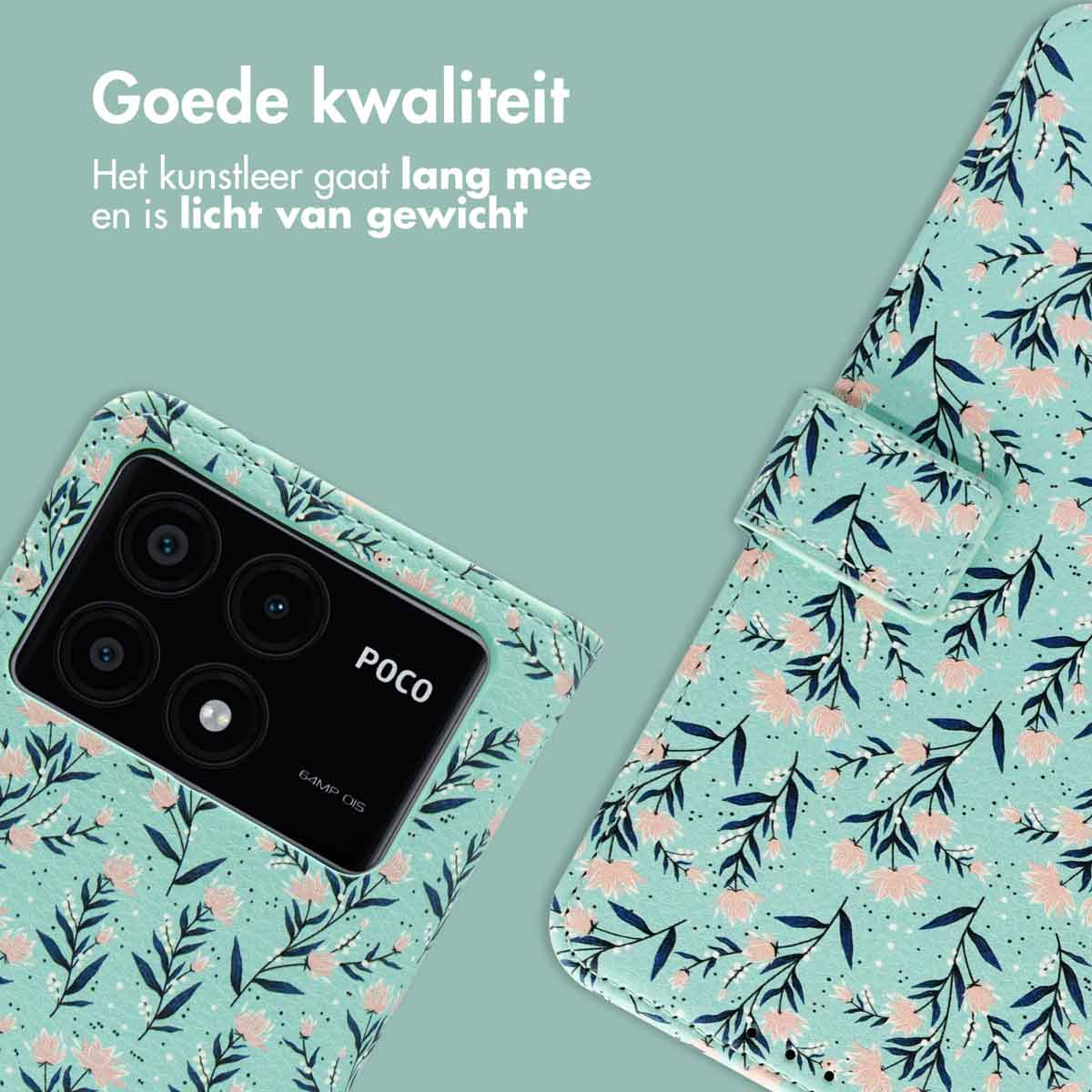 Teal telefoonhoes met roze bloemmotief. Telefoon met zwarte cameralenzen zichtbaar.