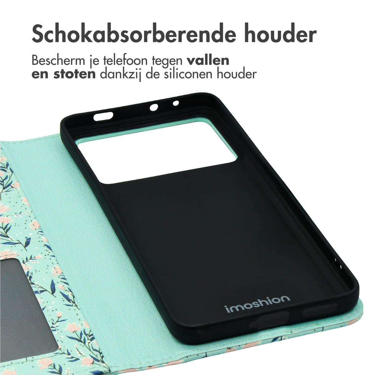 Een telefoonhoesje wordt getoond. Het heeft een bloemenontwerp aan de buitenkant. De telefoon zit in een zwarte siliconenhouder.