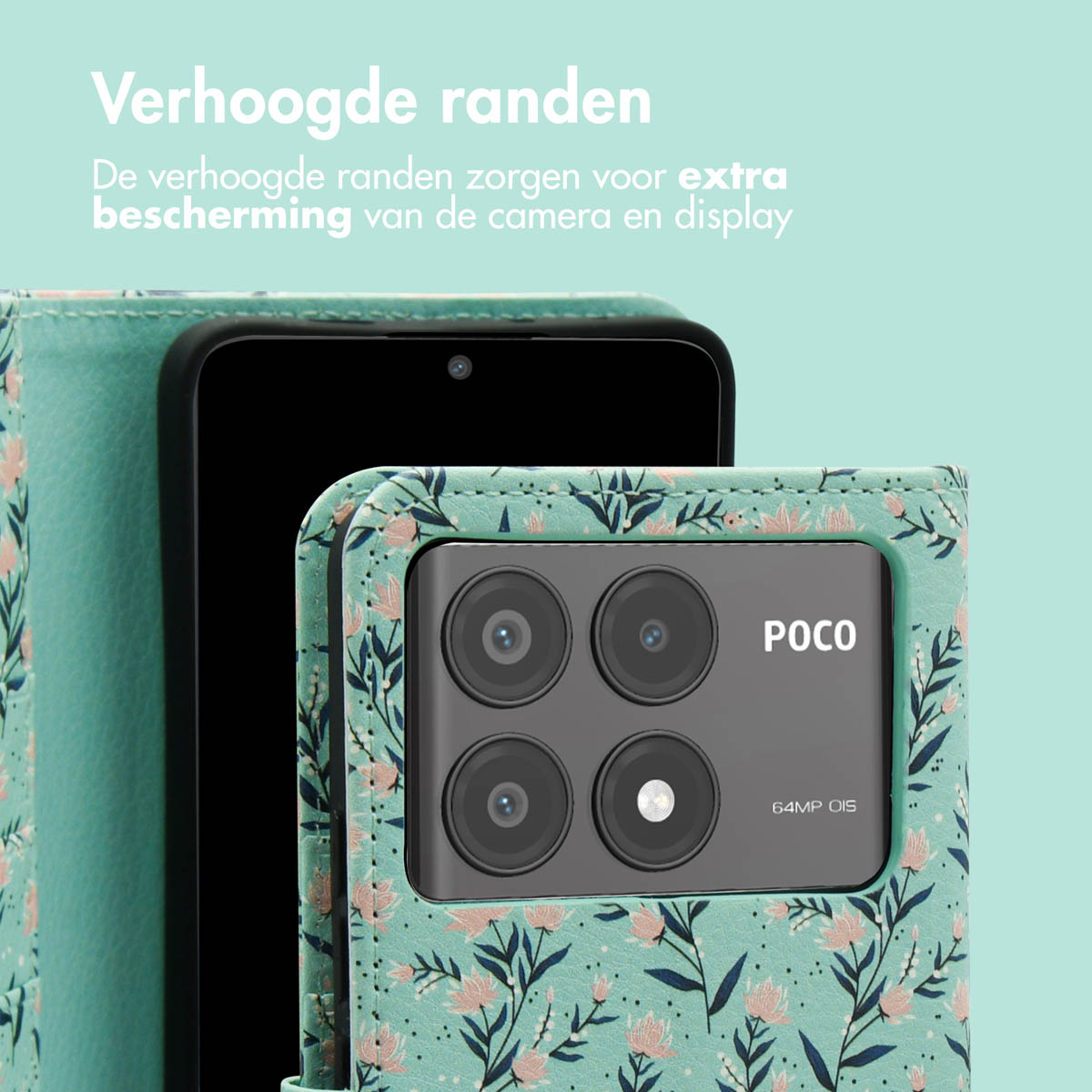 Telefoon in een teal hoesje met bloemenontwerp. Verhoogde randen beschermen camera en display.