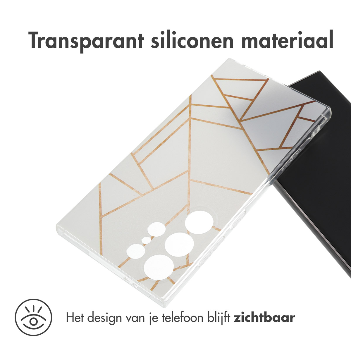 Een telefoonhoesje met gouden lijnen. Tekst zegt transparant siliconen materiaal.