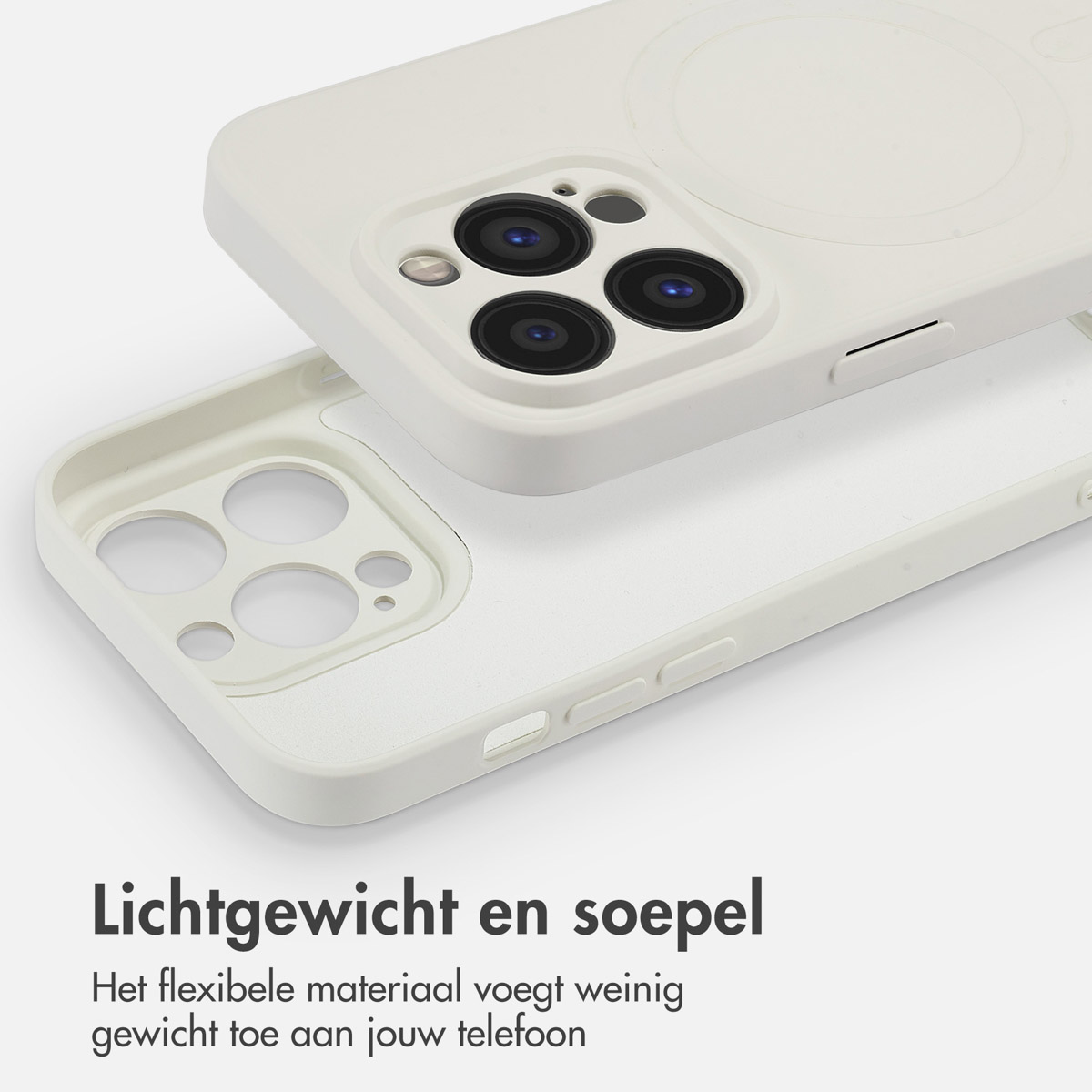 Witte telefoonhoes en telefoon. Tekst zegt lichtgewicht en soepel.