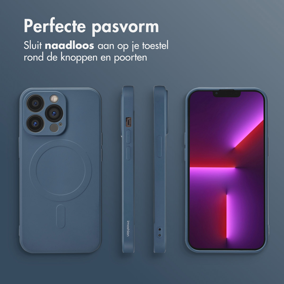Een telefoon en drie blauwe hoesjes. Nederlandse tekst. Een zijaanzicht en een achteraanzicht. Telefoonscherm is paars.