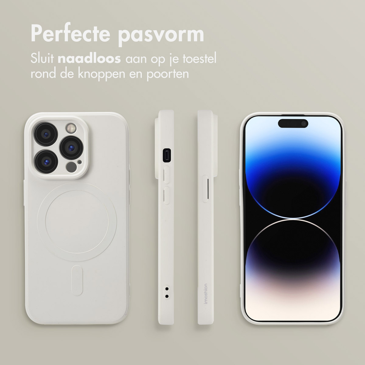 Een telefoon en drie witte hoesjes. Nederlandse tekst. Een zijaanzicht en een achteraanzicht. Telefoonscherm is blauw.