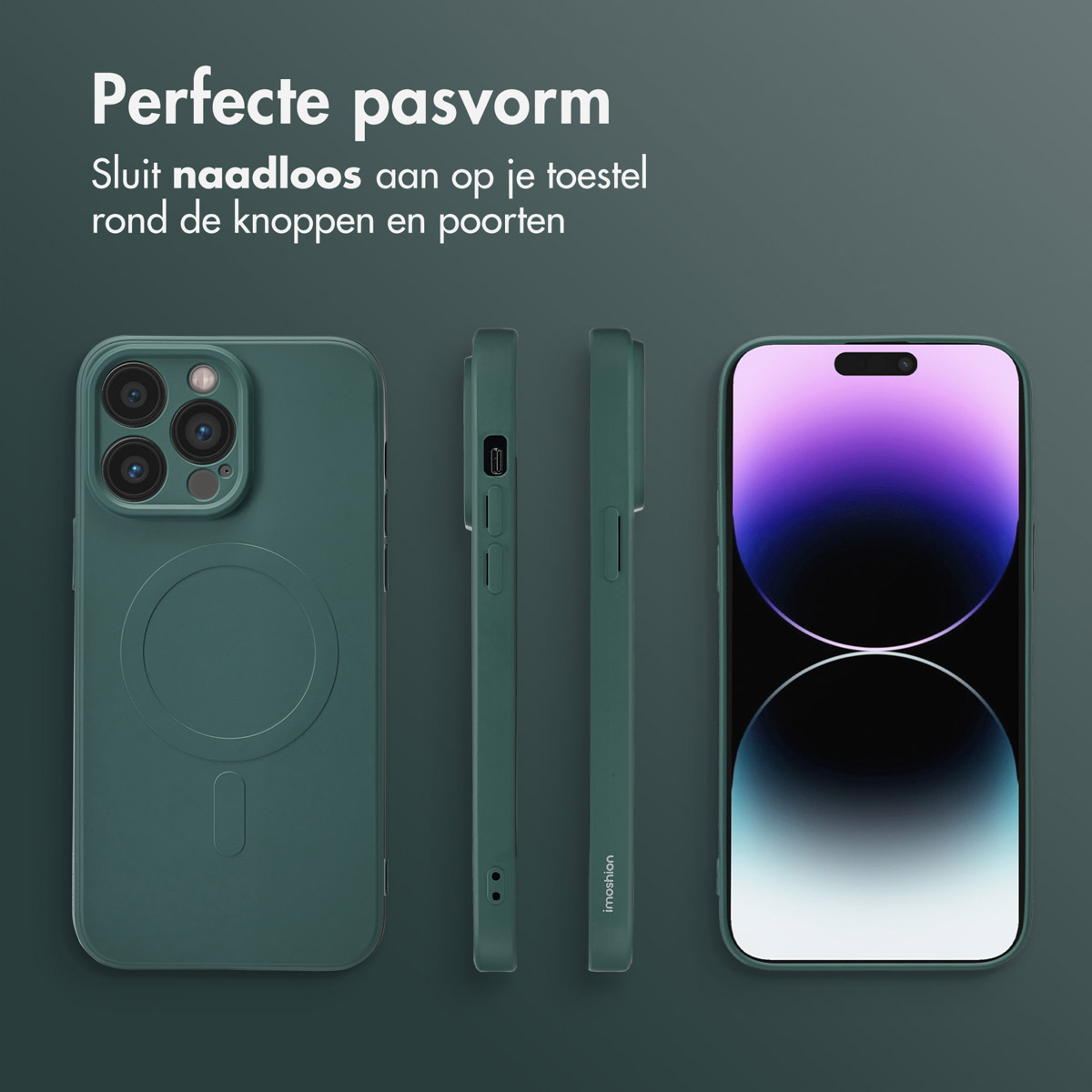 Een telefoon en drie groene hoesjes. Nederlandse tekst. Een zijaanzicht en een achteraanzicht. Telefoonscherm is paars.
