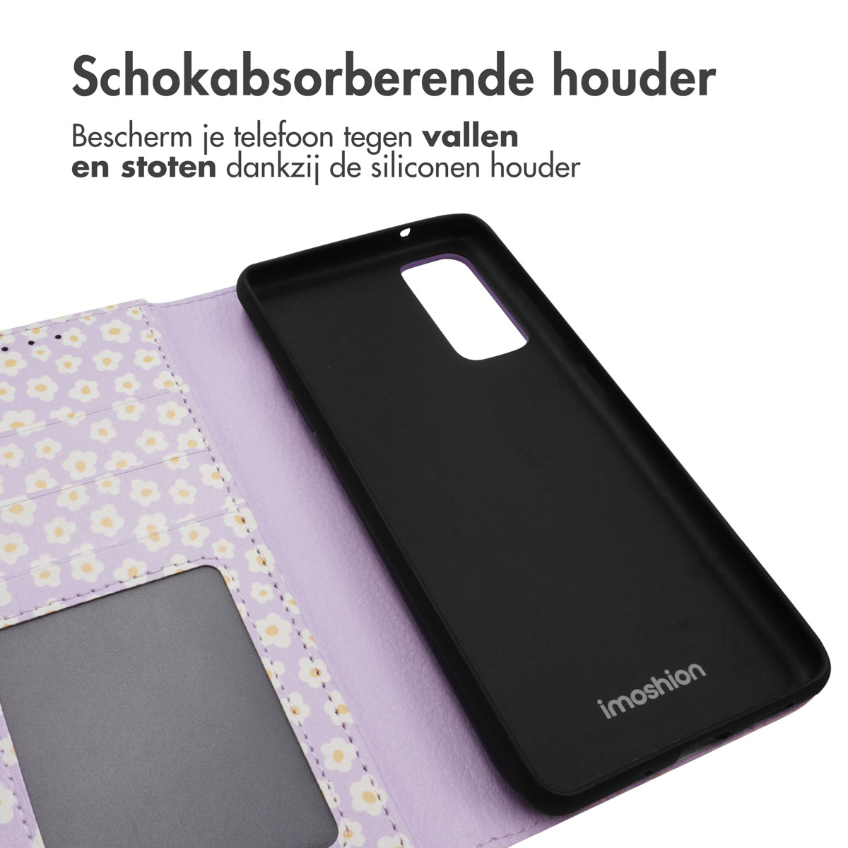 Open telefoonhoesje met madeliefpatroon. Zwarte telefoon zit in de hoes.