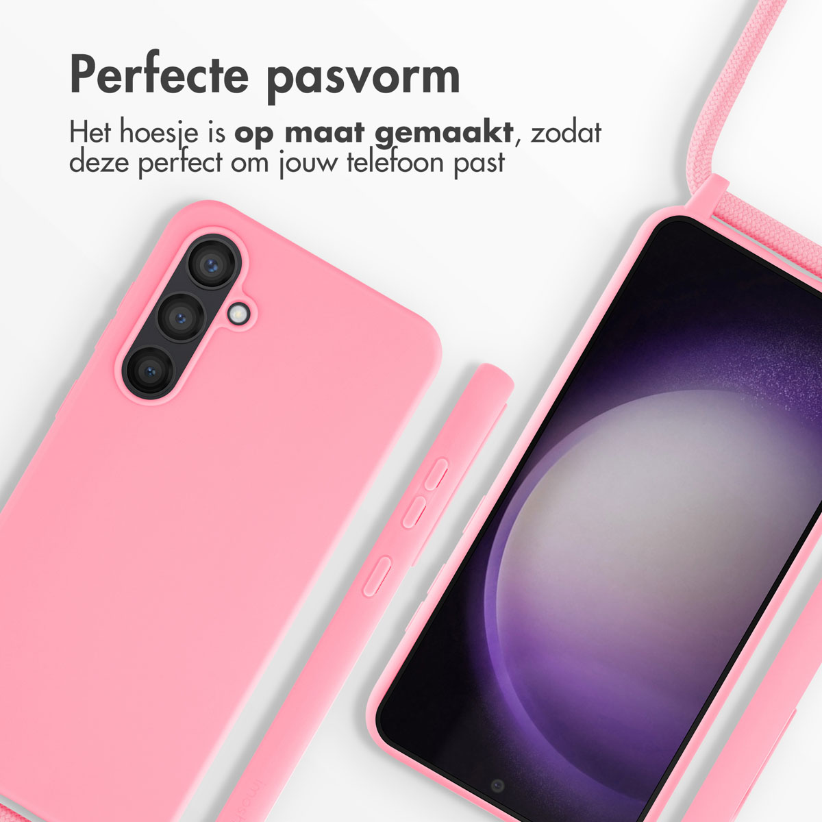 Roze telefoonhoes en telefoon. Telefoon heeft een scherm. Roze band.