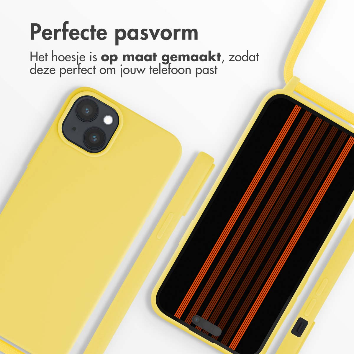 Geel telefoonhoesje en telefoon met een gele lanyard. Hoesje past perfect.