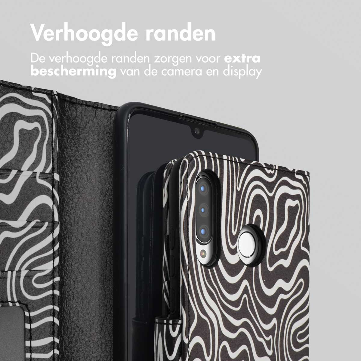 Custodia per telefono con motivo bianco e nero, che copre un telefono. Stile folio.