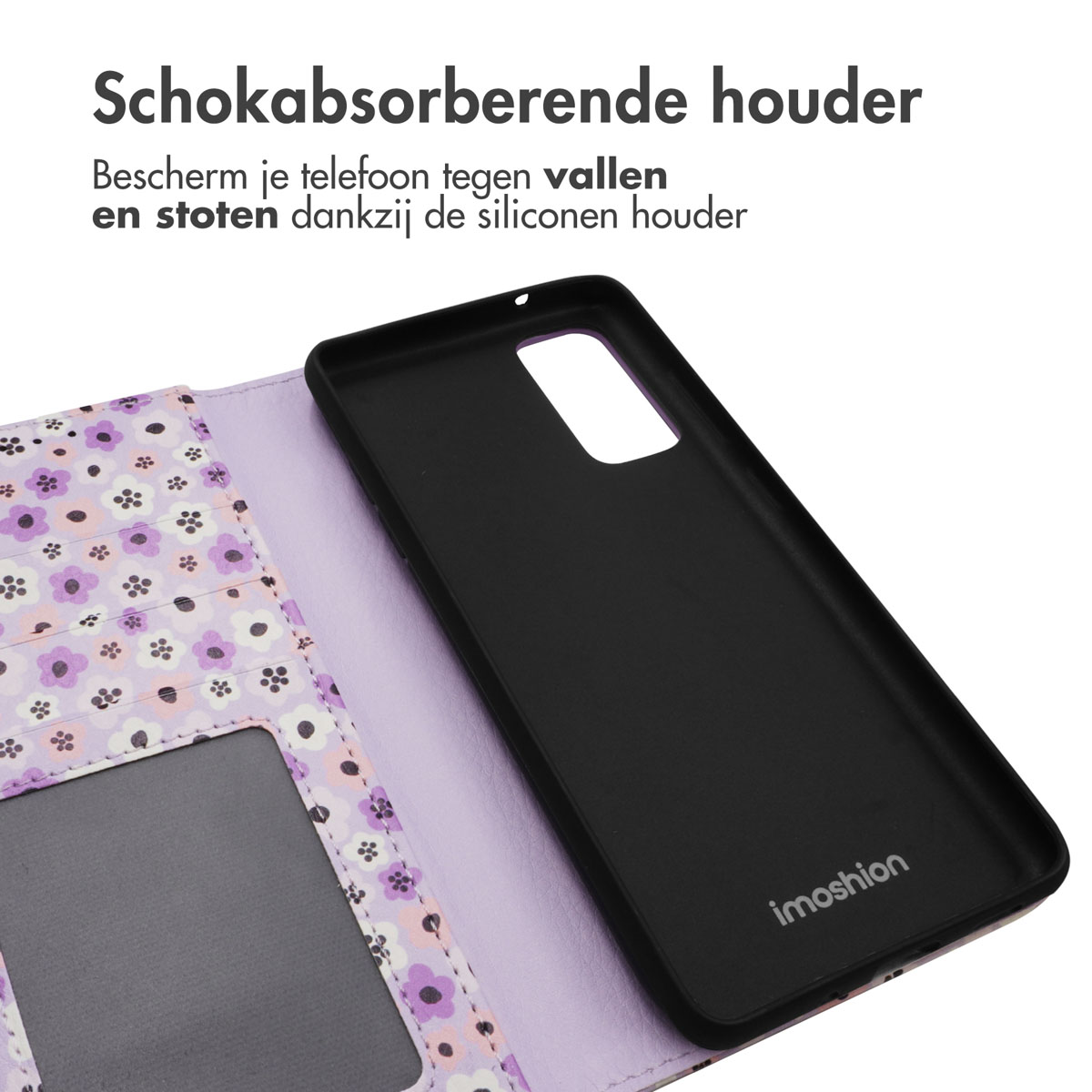 Coque de téléphone noire avec un intérieur floral et un téléphone à l'intérieur. Texte indique une protection contre les chutes et les chocs.