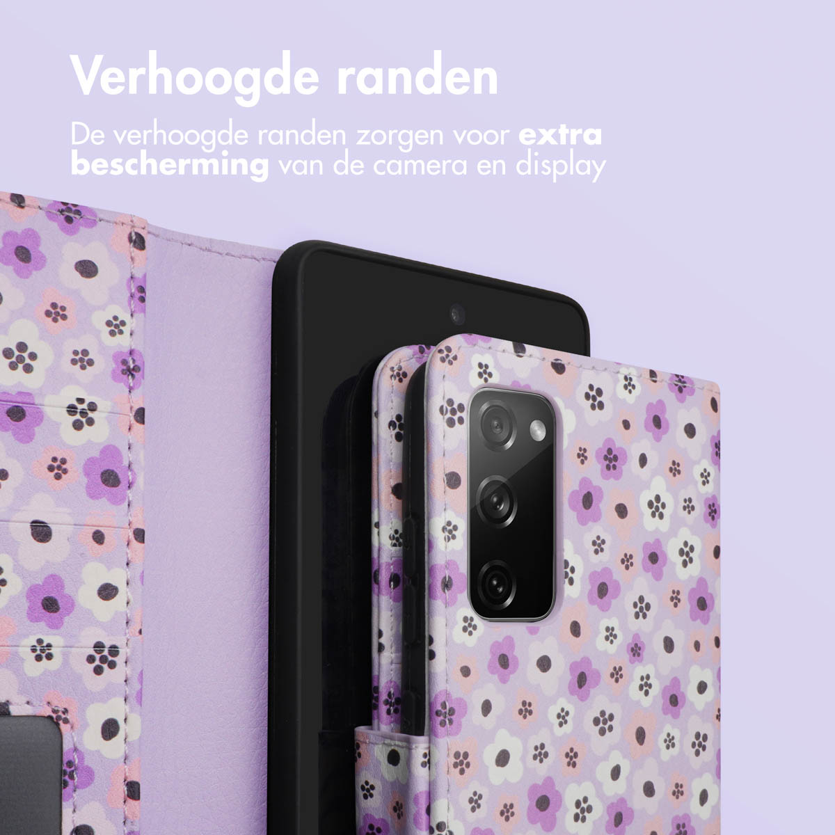 Coque de téléphone à fleurs violettes. Texte : bords surélevés pour protéger l'appareil photo et l'écran.
