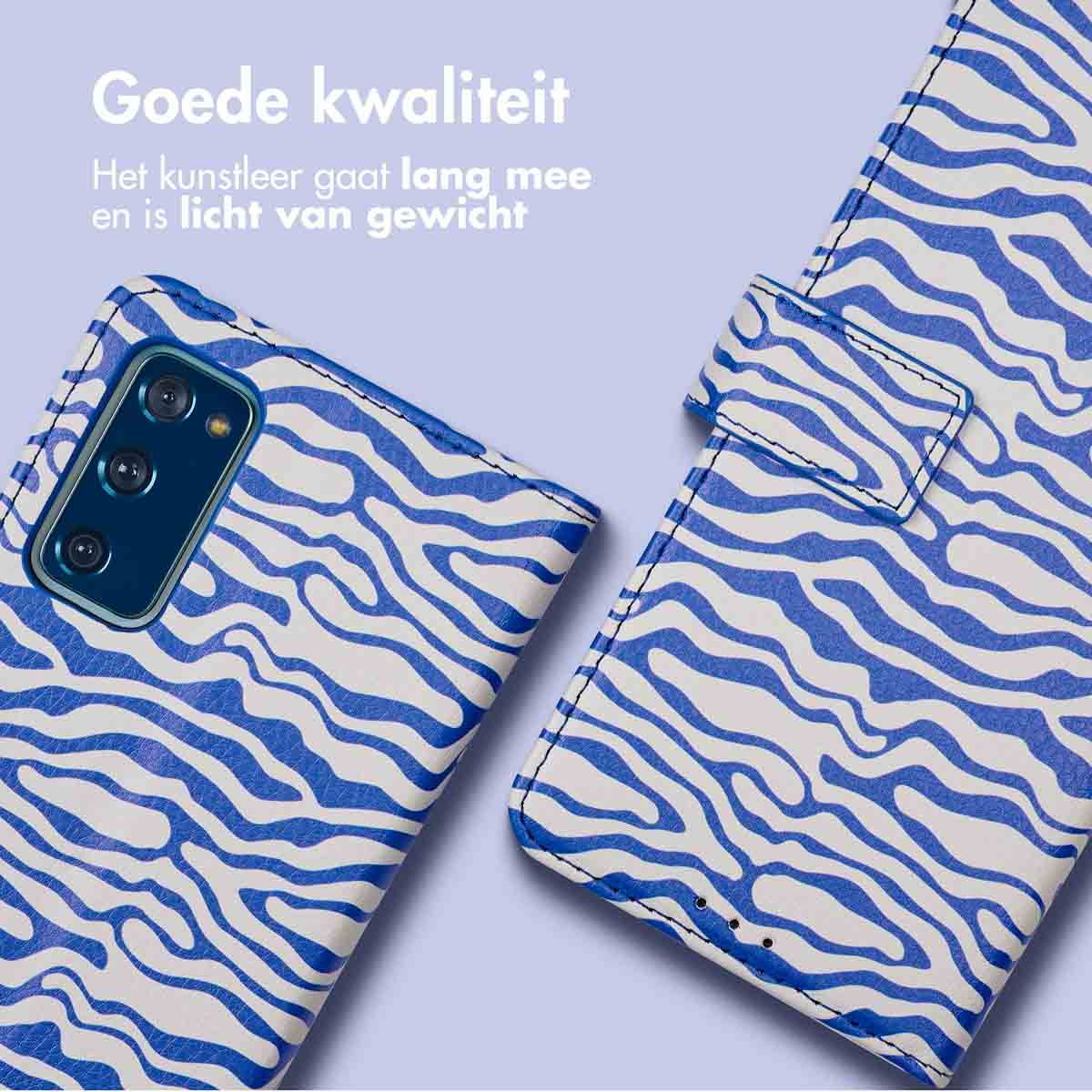 Telefoonhoes met zebra-streepjespatroon. Tekst: Goede kwaliteit.