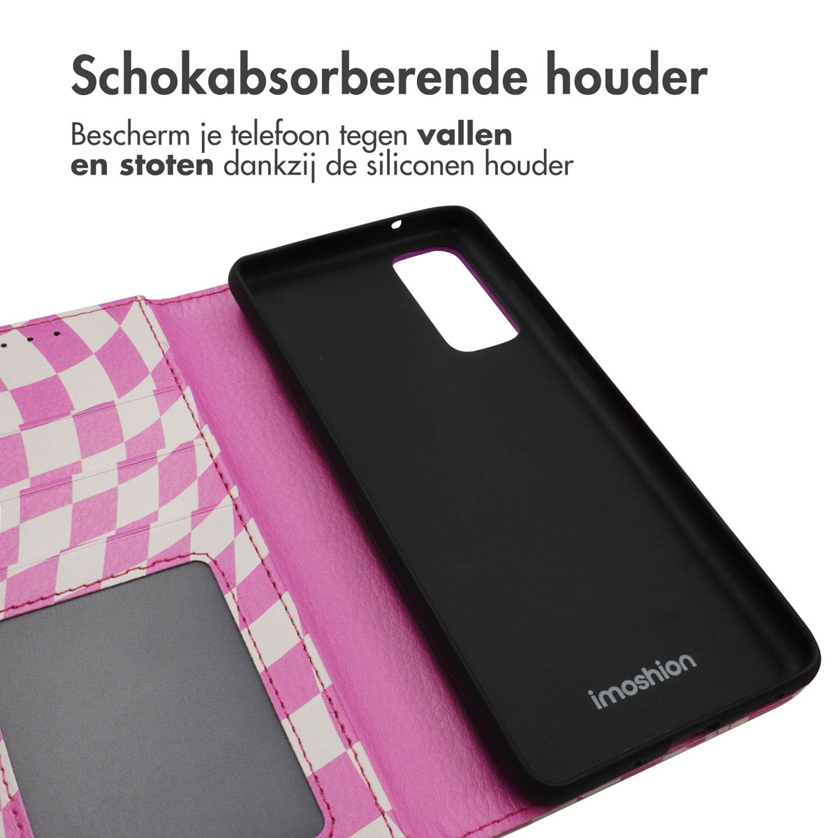 Un étui de téléphone, ouvert, avec le téléphone à l'intérieur. L'étui est rose et blanc.