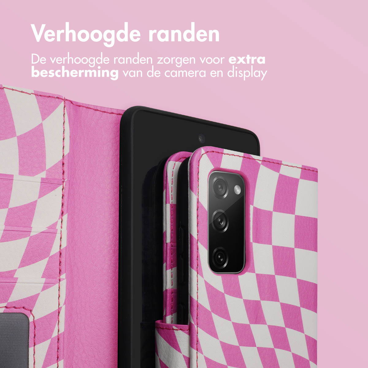 Coque de téléphone rose avec un téléphone noir. Le texte dit bords surélevés.