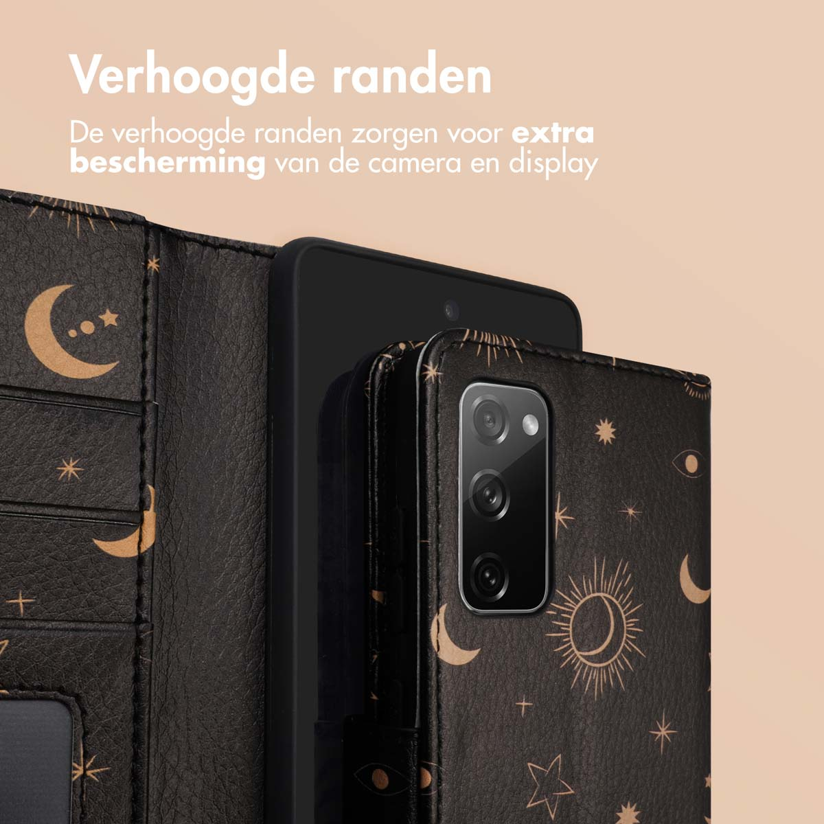 Coque avec téléphone à l'intérieur, montrant des bords surélevés. Le texte met l'accent sur une protection supplémentaire pour la caméra et l'écran.