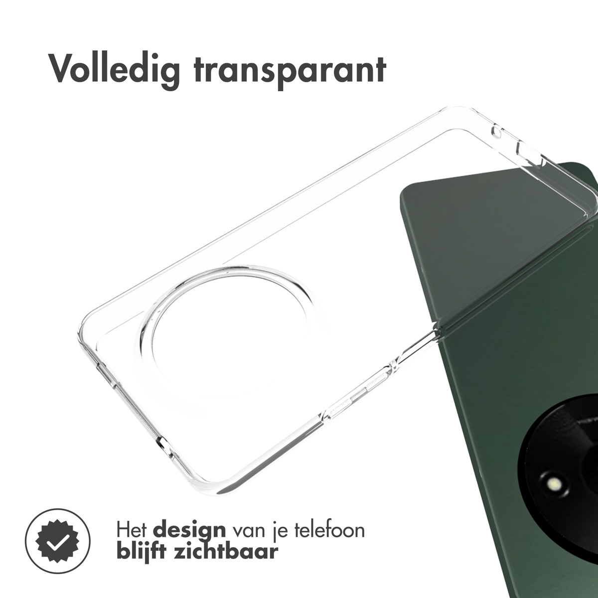 Custodia trasparente per telefono su telefono verde. La custodia è trasparente.