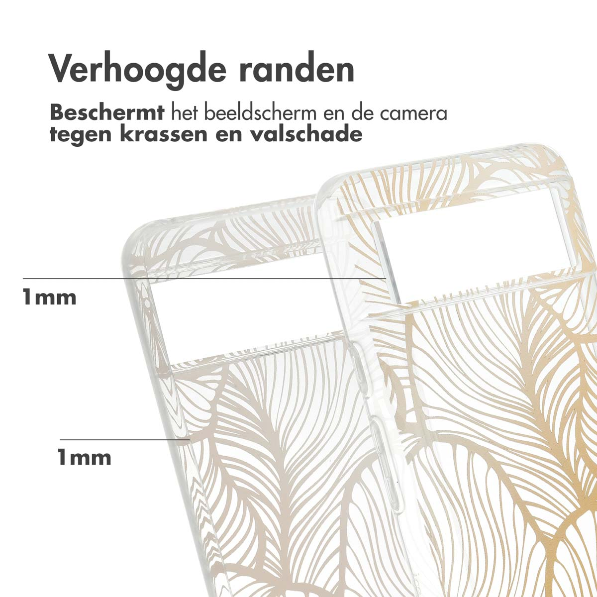 Transparente Handyhülle mit goldenem Blattdesign. Text zeigt erhöhte Ränder für Bildschirm- und Kameraschutz.