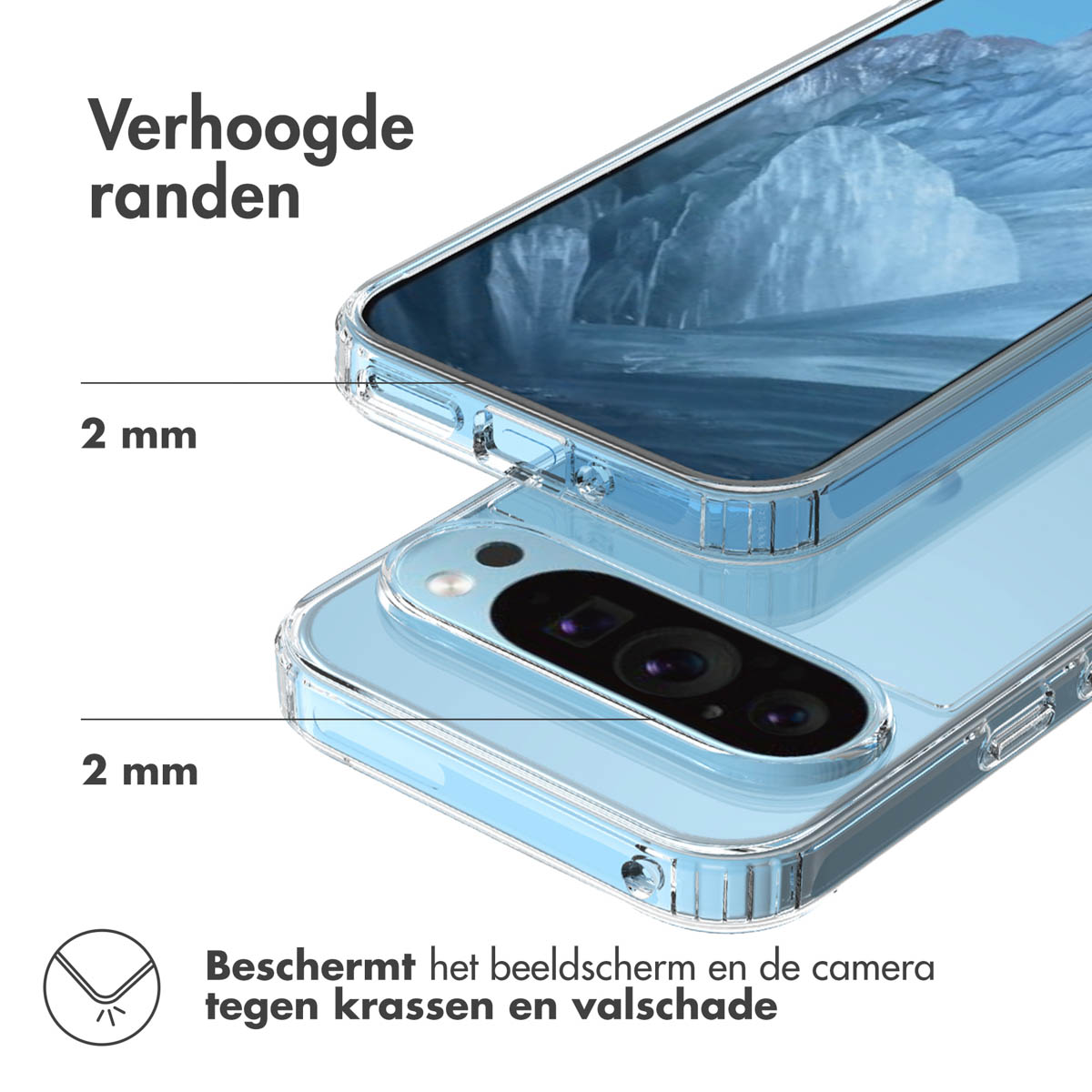 Coques de téléphone avec bords surélevés. Deux coques transparentes, une sur l'autre. Téléphone bleu.